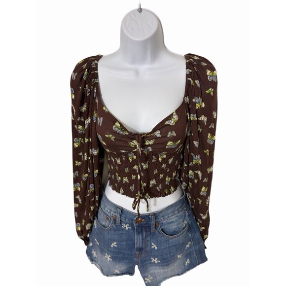 Urban Outfitters Brown Butterfly Smocked Crop Top Long Sleeve Small - Picture 3 of 8